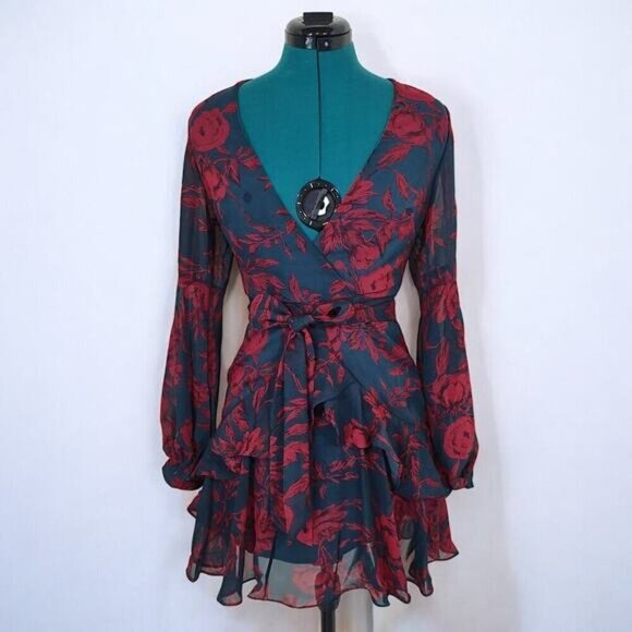 Saints + Secrets V-Neck Navy Front Tie Dress with‎ Red Floral Design - Size XS - Picture 2 of 10